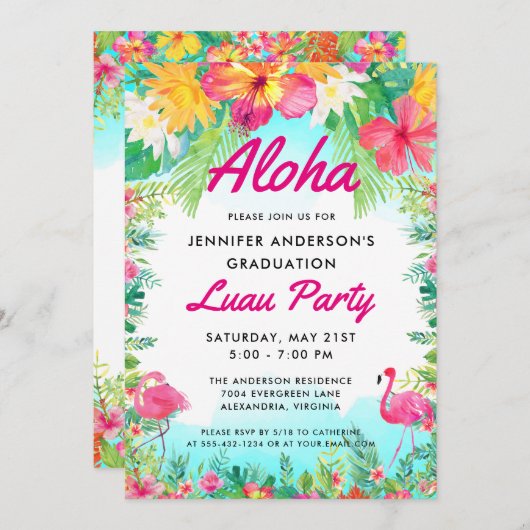 アロハトロピカルフラミンゴルアウ(ハワイ式宴会)パーティー卒業 招待状 (正面/裏面)