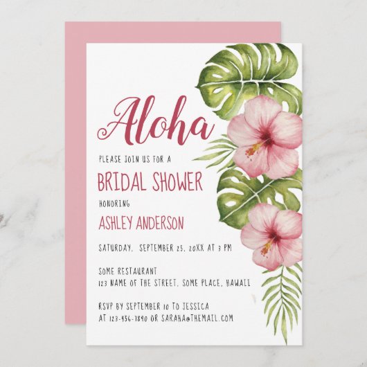 アロハトロピカルフローラブライダルシャワーピンクハイビスカス 招待状 (正面/裏面)