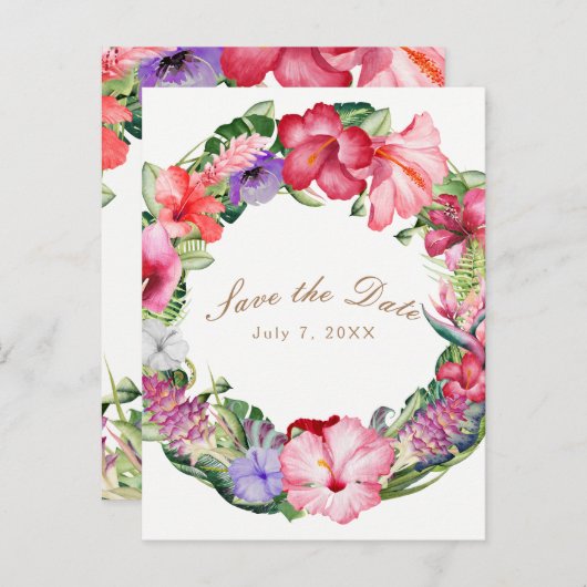 アロハトロピカルフローラリース結婚式保存日 案内ポストカード (正面/裏面)