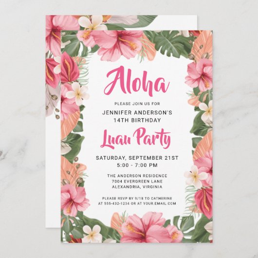 アロハトロピカルフローラルアウ（ハワイ式宴会）パーティー誕生日 招待状 (正面/裏面)