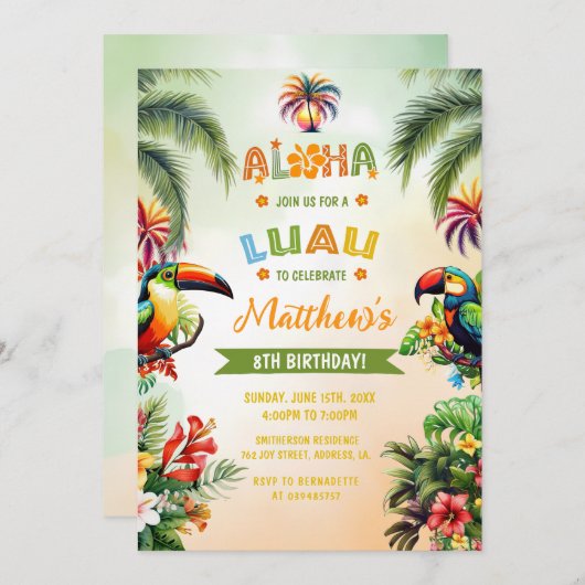アロハトロピカルルアウ（ハワイ式宴会）ハワイアンボーイバースデーパーティー 招待状 (正面/裏面)