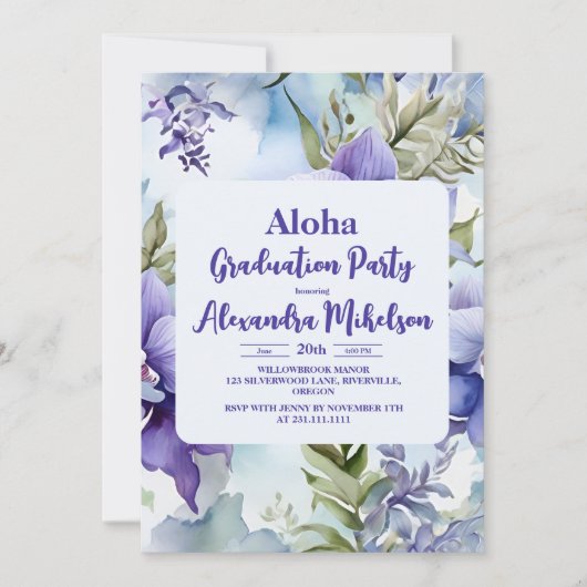 アロハトロピカルルアウ（ハワイ式宴会）パーティー卒業紫 招待状 (正面)