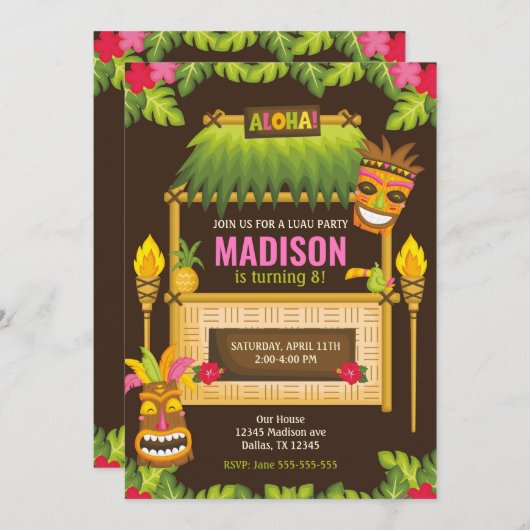アロハトロピカルルアウ（ハワイ式宴会）誕生日招待状フローラ 招待状 (正面/裏面)