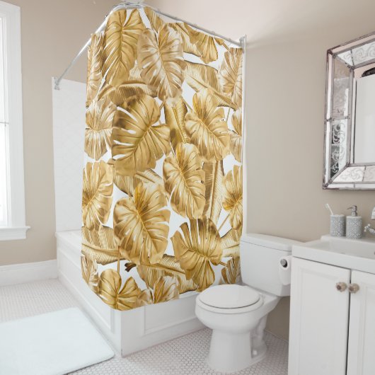 アロハトロピカル金ゴールドグリッターモンステラ葉ズ シャワーカーテン (インサイチュ)