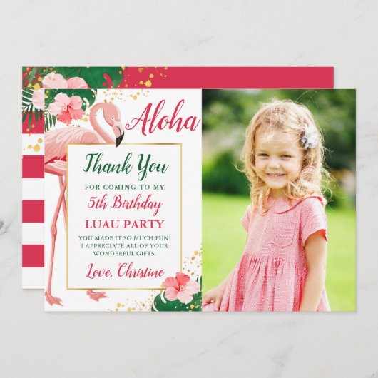 アロハトロピカル フラミンゴ ピンク フラワーバースデイ フォト サンキューカード (正面/裏面)