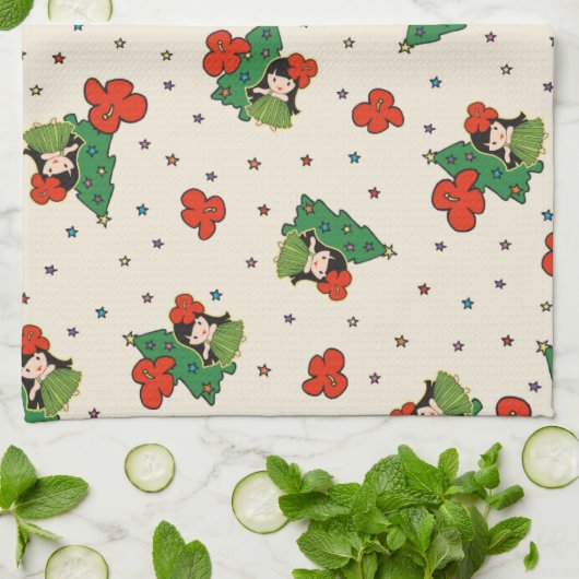 アロハニーズクリスマスハワイアンフラガールクリーム キッチンタオル (折り畳み)