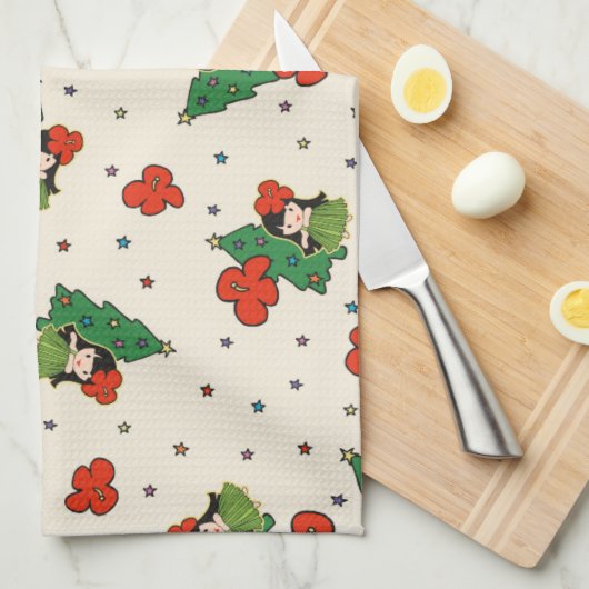 アロハニーズクリスマスハワイアンフラガールクリーム キッチンタオル (四つ折り)