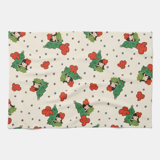 アロハニーズクリスマスハワイアンフラガールクリーム キッチンタオル (横)