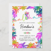 アロハネオントロピカルルアウ（ハワイ式宴会）サマーおもしろい誕生日 招待状 (正面)