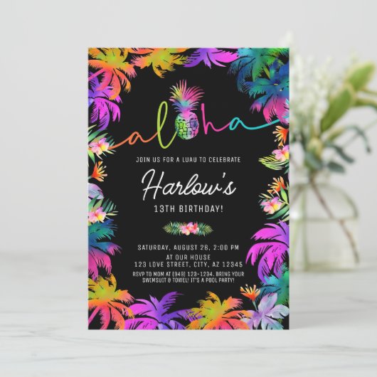 アロハネオントロピカルルアウ（ハワイ式宴会）サマーおもしろい誕生日 招待状 (スタンド正面)