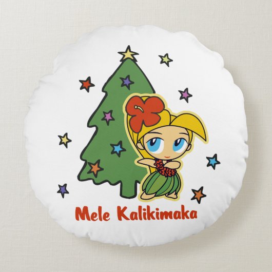 アロハネズクリスマスブロンドフラガールホワイト ラウンドクッション (正面)