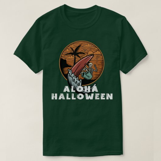 アロハハロウィーンスケルトンサーフィンハワイアンハロウィー Tシャツ (デザイン正面)