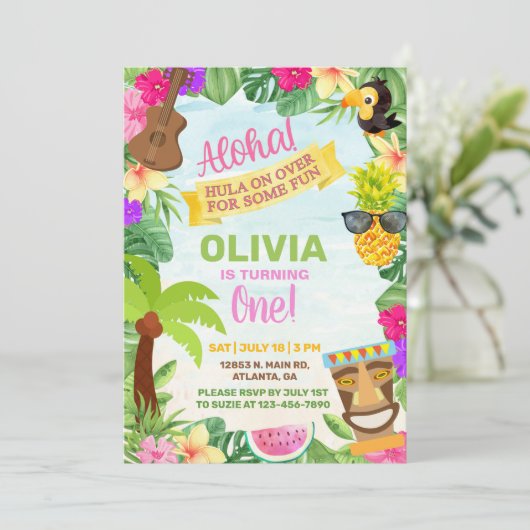 アロハハワイの熱帯ビーチガールバースデー招待状 招待状 (スタンド正面)