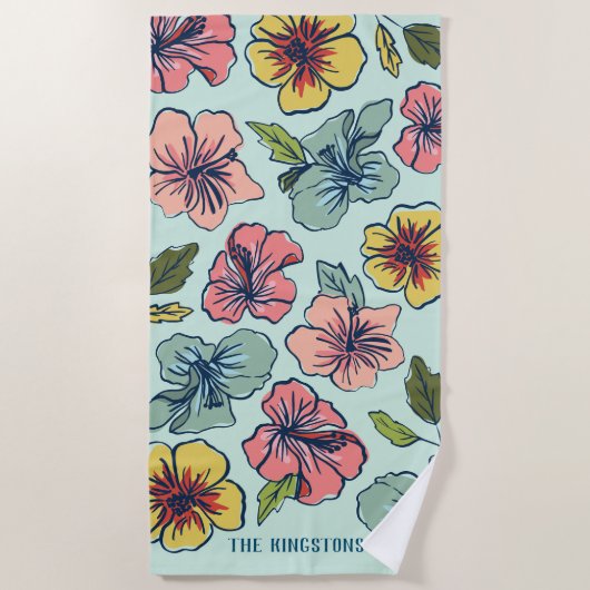 アロハハワイの花および姓 ビーチタオル (正面)