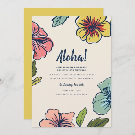 アロハハワイアンの花の夏のパーティー 招待状 (正面/裏面)