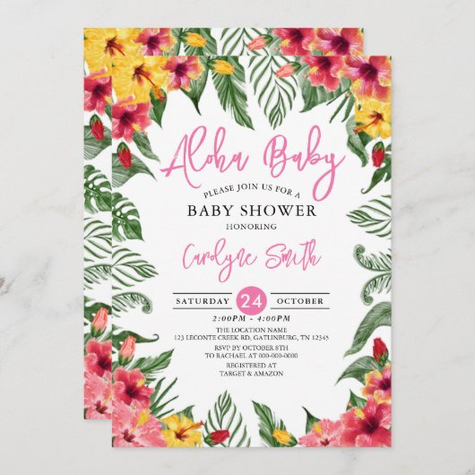 アロハハワイアントロピカルガールベビーシャワー 招待状 (正面/裏面)