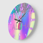 アロハハワイアンパイナップルホログラフィックグリッタードリップ ラージ壁時計 (傾斜)