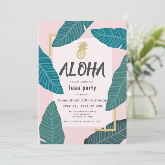 アロハハワイアンルアウ（ハワイ式宴会）パイナップルピンク大人誕生日 招待状 (スタンド正面)