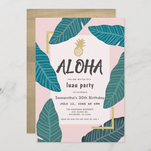 アロハハワイアンルアウ(ハワイ式宴会)パイナップルピンク大人誕生日 招待状 (正面/裏面)