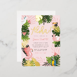 アロハハワイトロピカルサマー金ゴールド誕生日パーティー 箔招待状ポストカード
