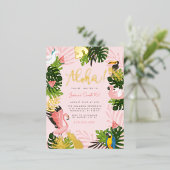 アロハハワイトロピカルサマー金ゴールド誕生日パーティー 箔招待状ポストカード (立ち正面)