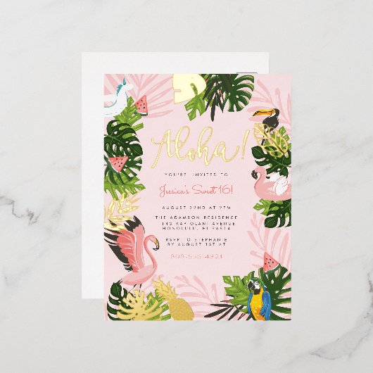 アロハハワイトロピカルサマー金ゴールド誕生日パーティー 箔招待状ポストカード (正面/裏面)