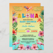 アロハハワイ熱帯フローラフラミンゴベビーシャワー 招待状 (正面/裏面)