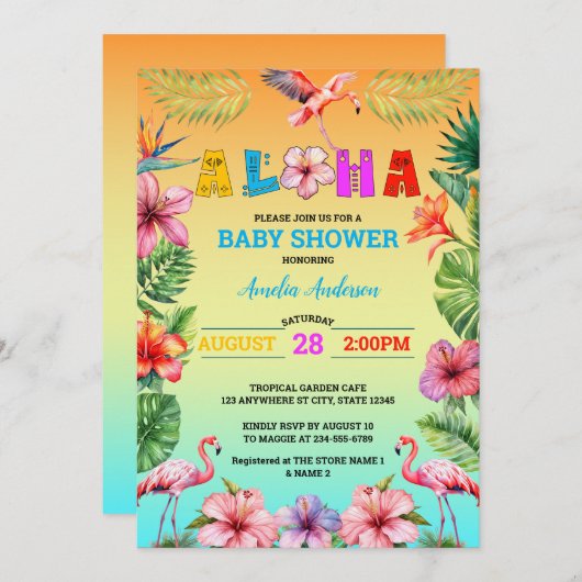 アロハハワイ熱帯フローラフラミンゴベビーシャワー 招待状 (正面/裏面)