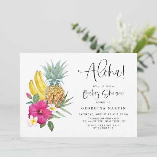 アロハパイナップルとハイビスカス熱帯赤ちゃんシャワー 招待状 (スタンド正面)