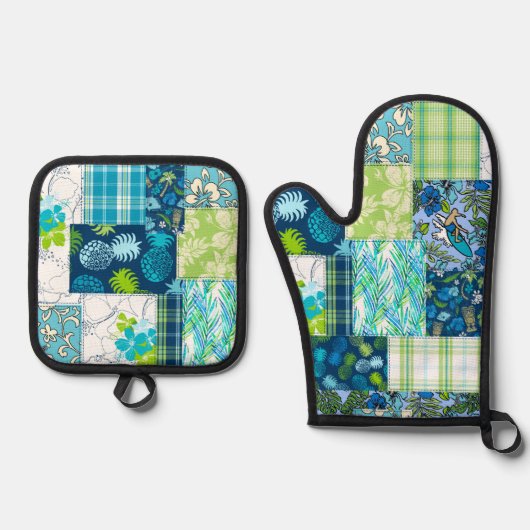 アロハパッチワークハワイアントロピカルプリントターコイズ 鍋つかみ&鍋敷きセット (正面)
