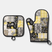 アロハパッチワークハワイアントロピカルプリントブラック 鍋つかみ&鍋敷きセット (正面)