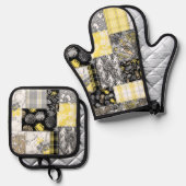 アロハパッチワークハワイアントロピカルプリントブラック 鍋つかみ&鍋敷きセット (正面/裏面)