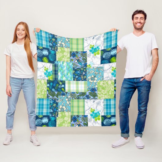アロハパッチワークハワイアン熱帯プリント-ティール(緑がかった色) フリースブランケット (インサイチュ)