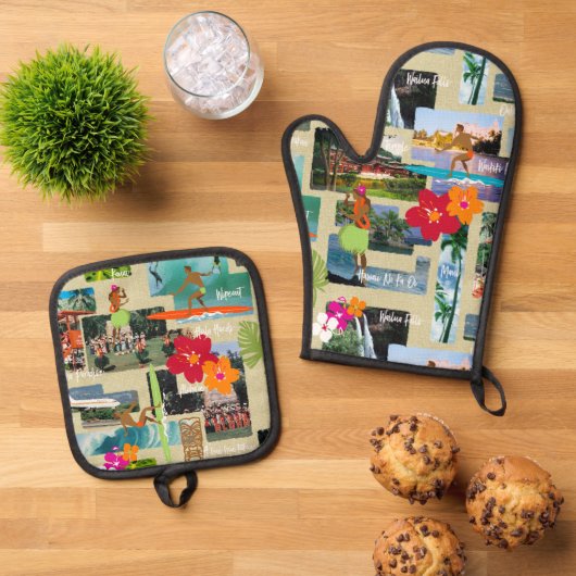 アロハパラダイスハワイアンヴィンテージはがき 鍋つかみ&鍋敷きセット (トップダウン)