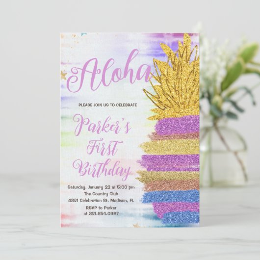 アロハパープルエレガントレインボーパイナップル誕生日 招待状 (スタンド正面)
