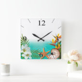 アロハビーチのプルメリアのFrangipaniのオウムガイ スクエア壁時計 (ホーム)