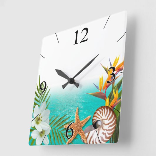 アロハビーチのプルメリアのFrangipaniのオウムガイ スクエア壁時計 (傾斜)