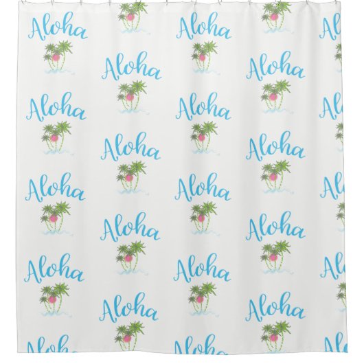 アロハビーチハワイアンスタイルサマーホワイト シャワーカーテン (正面)