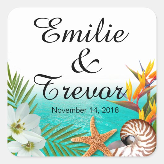 アロハビーチ結婚式プルメリアフランギパニ スクエアシール (正面)