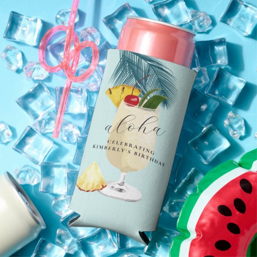 アロハピナコラダグリーンカクテルバースデーパーティー スリム缶クーラー (インサイチュ 夏)