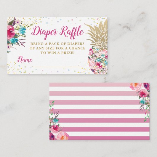 アロハピンクのパイナップルベビーシャワーおむつラッフル エンクロージャーカード (正面/裏面)