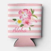 アロハピンクの熱帯性花とストライプ 缶クーラー (正面)