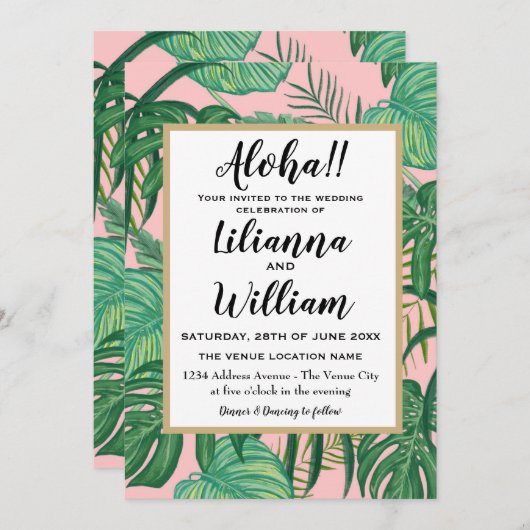 アロハピンクハワイアントロピカル離れビーチ結婚式 招待状 (正面/裏面)