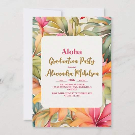 アロハピンク熱帯卒業ルアウ（ハワイ式宴会）パーティー 招待状 (正面)