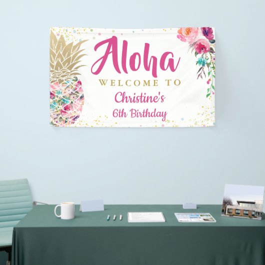 アロハピンク金ゴールドパイナップル誕生日パーティバナー 横断幕 (トレードショー)