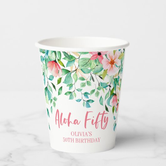 アロハフィフティトロピカルルアウ（ハワイ式宴会）50th誕生日紙カップ 紙コップ (正面)