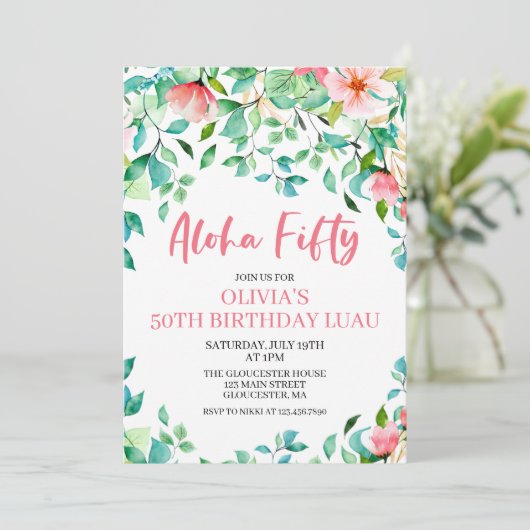アロハフィフティトロピカル50ルアウ（ハワイ式宴会）誕生日招待状 招待状 (スタンド正面)