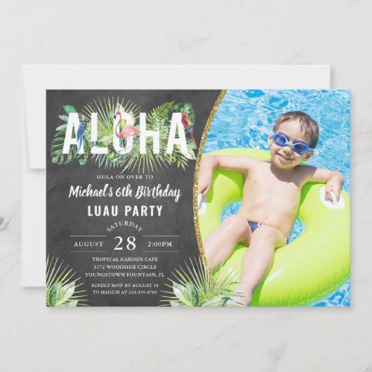 アロハフラミンゴトロピカルバードルアウ（ハワイ式宴会）誕生日写真 招待状 (正面)