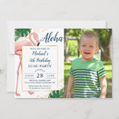 アロハフラミンゴブルー金ゴールド熱帯誕生日写真 招待状 (正面)