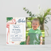 アロハフラミンゴブルー金ゴールド熱帯誕生日写真 招待状 (スタンド正面)